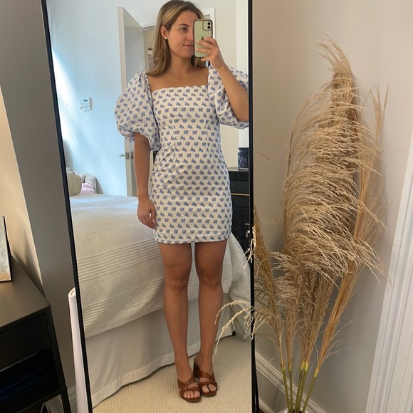 CAROLINE CONSTAS Puff Sleeve Blue and White Pattern Mini Puff Sleeve Dress - Picture 3 of 5